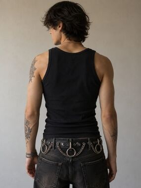 Vintage 80s MANZOOR Black Leather O-Ring Belt Sz L Made in USA Punk Goth Chain